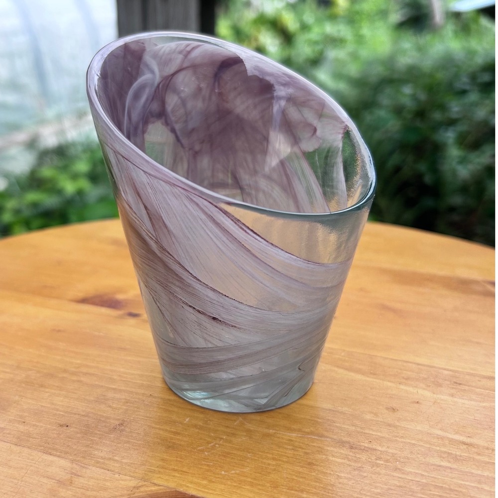 Vintage Slant Cut Hand Blown Glass Vase Small Amethyst Purple White Swirl MCM